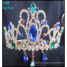 Atacado Moda grandes coroas de representação personalizado coroas de tiara azul de strass
